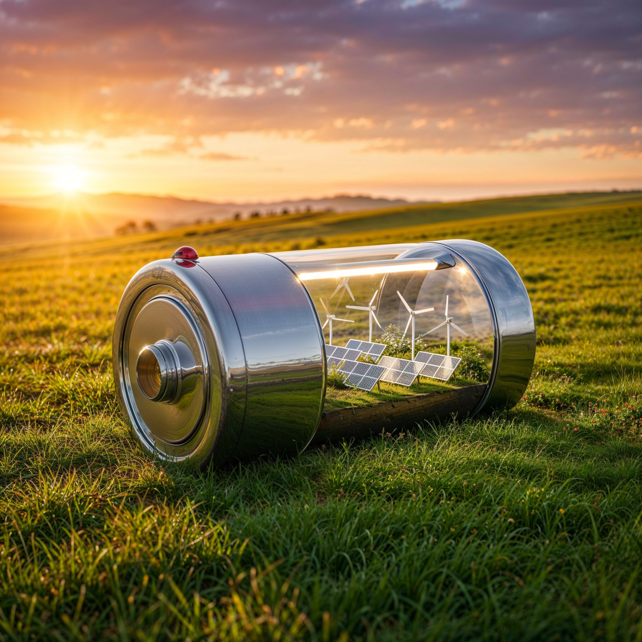 Conceptual image of a transparent battery containing solar panels and wind turbines in a green landscape at sunset.