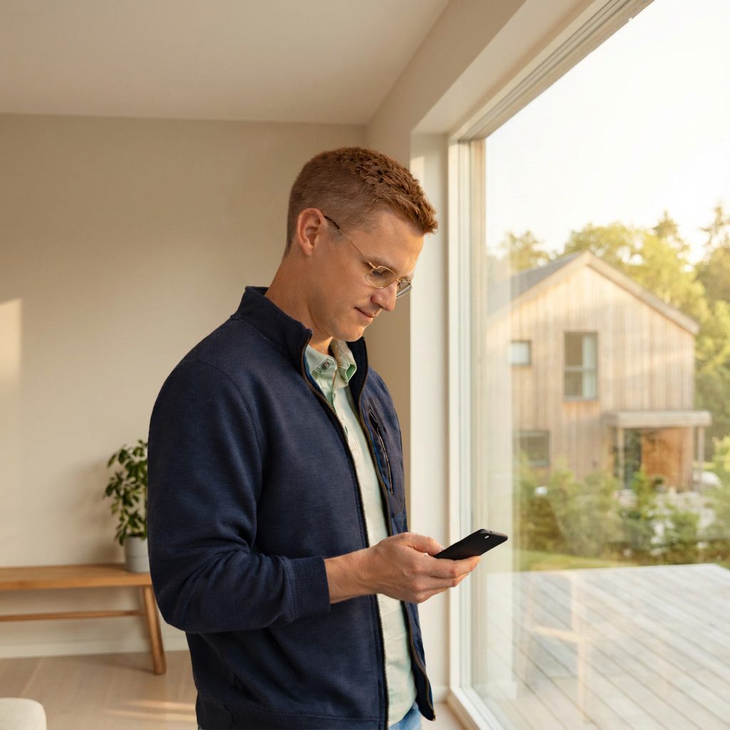 Homeowner checking real-time energy consumption and battery status on smartphone