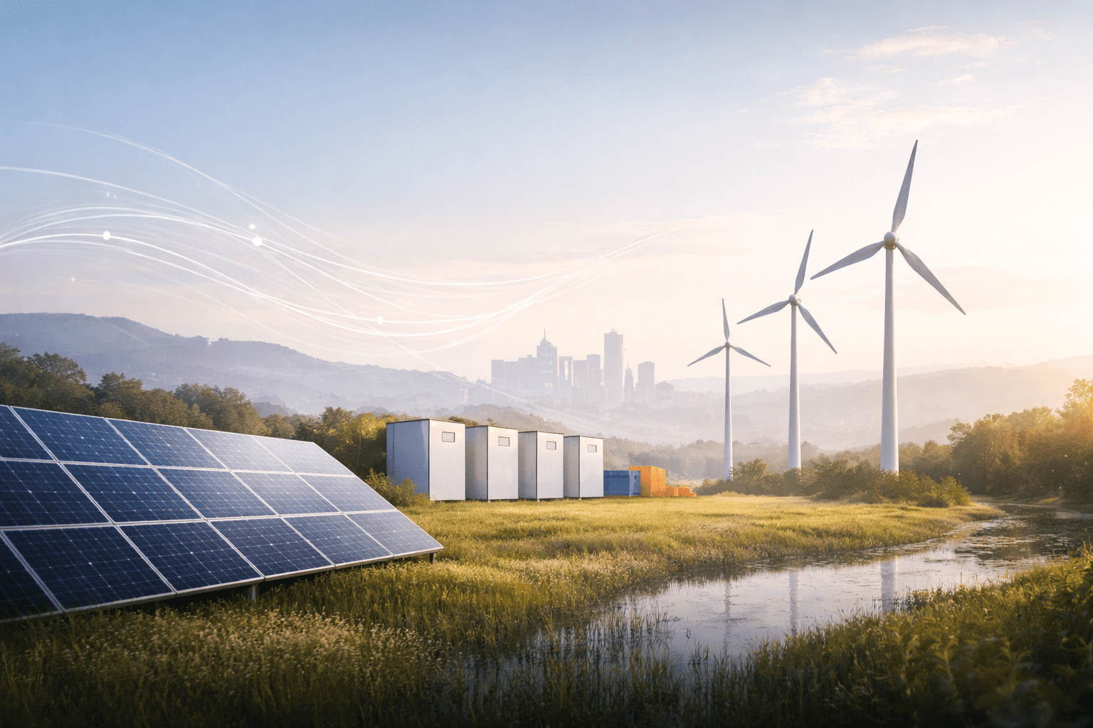 Photorealistic landscape with solar panels, wind turbines and battery storage representing intelligent energy systems that predict and optimise energy use