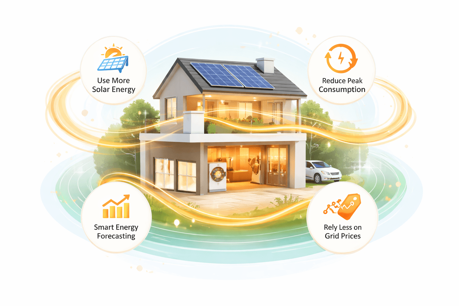 Infographic van een woning met zonnepanelen en slimme energiestromen die laat zien hoe Wattvise energie-autonomie verhoogt.